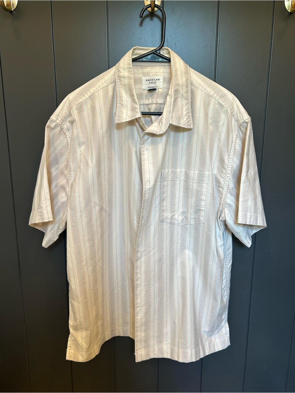 American Eagle Outfitters Cream Striped Short-Sleeve Button-Down Shirt